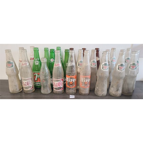 LOT OF 26 - GLASS SODA BOTTLES - INCL PEPSI COLA & 7-UP