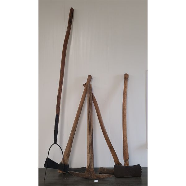 LOT OF 5 - PICK AXE, FORK & DOUBLE EDGED AXE
