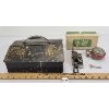 Image 1 : LOT OF 3 - TIN CUTLERY BOX, SINGER BUTTONHOLE ATTACHMENT AND BICYCLE BELL