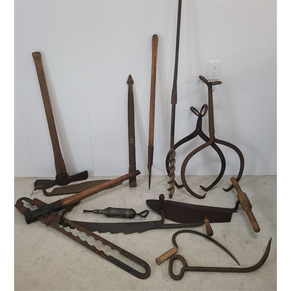 JOB LOT - MISC TOOLS - INCL ICE TONGS, SICKLE & PICK AXE ETC 