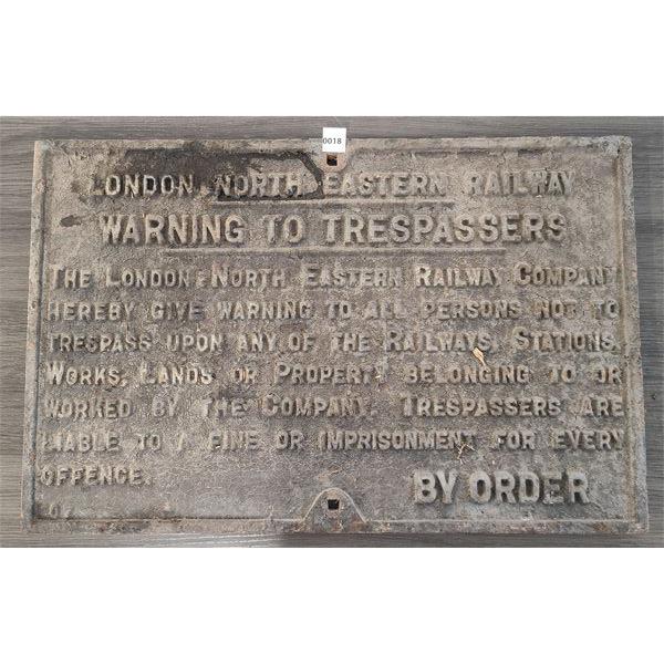 CAST EMBOSSED RAILWAY TRESPASSING SIGN FROM ENGLAND