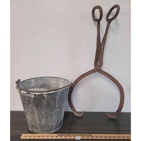 LOT OF 2 - GALVANIZED PAIL AND ICE TONGS