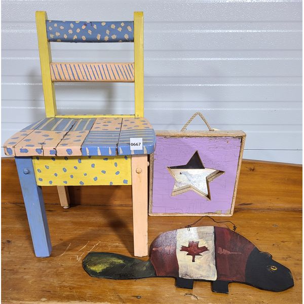 LOT OF 3 - PAINTED CHILDS CHAIR, BEAVER AND STAR DECOR