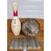 Image 1 : LOT OF 4 - NATIVE CLAY POT & PHOTO, THORNBURY BOWLING PIN, AND CAST IRON BREAD PAN