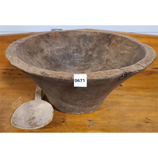 PRIMITIVE HAND CARVED BOWL AND BUTTER PADDLE