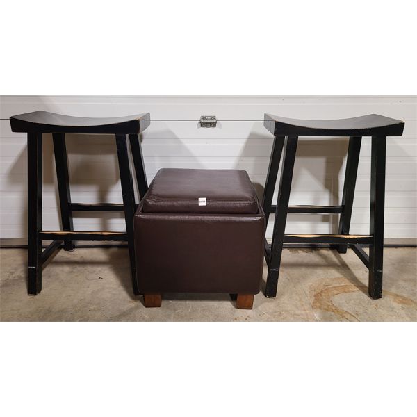 LOT OF 3 - SADDLE BAR STOOLS AND STORAGE FOOT STOOL