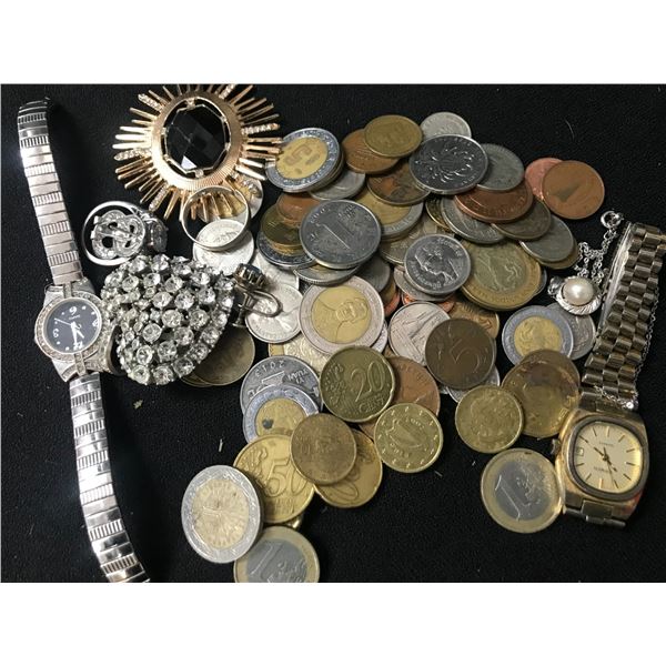 LOT OF WORLD COINS AND WATCHES AND JEWELERY