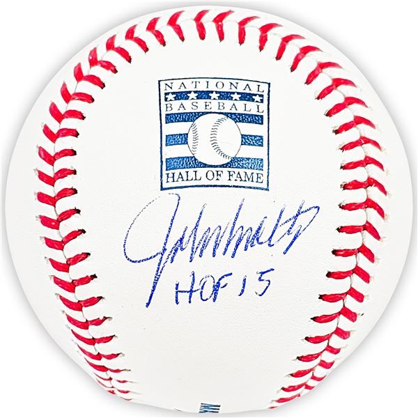 JOHN SMOLTZ SIGNED HALL OF FAME BASEBALL INSCRIBED HOF 15 (BECKETT COA)