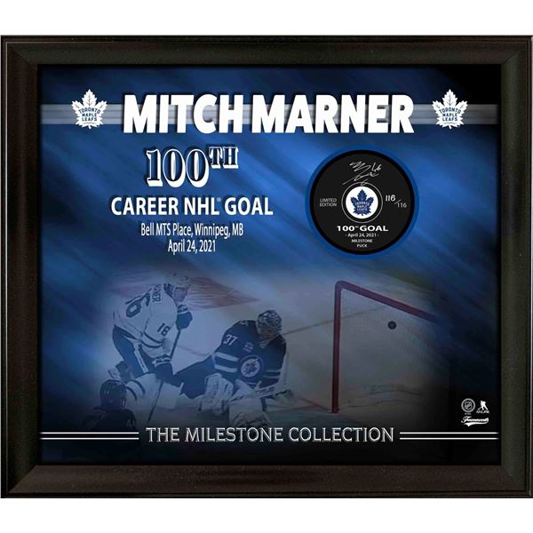 MITCH MARNER SIGNED FRAMED TORONTO MAPLE LEAFS 100 GOALS MILESTONE PUCK (LTD OF 116) FRAMEWORTH COA