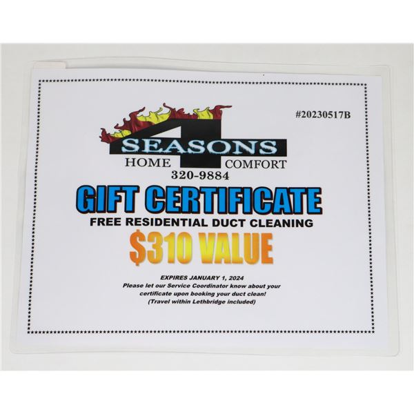 4 SEASONS HOME COMFORT DONATED DUCT CLEANING GIFT