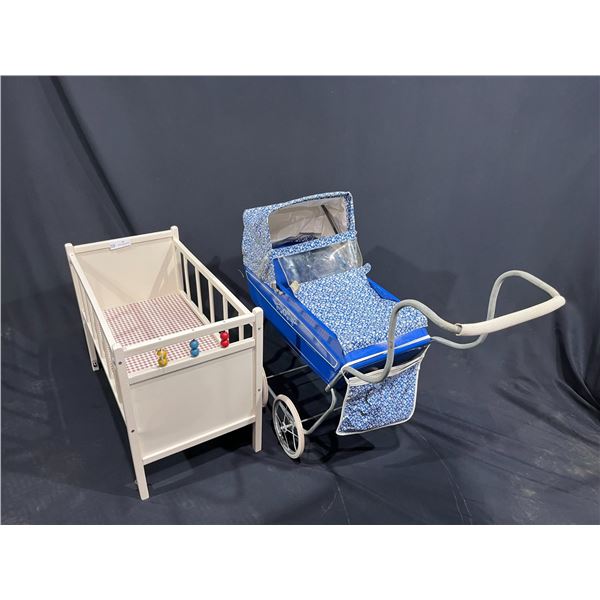 Vintage toy baby stroller & crib