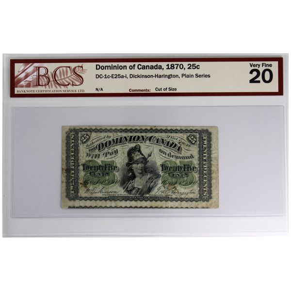 ERROR DC-1c-E25a-i 1870 25c BCS VF20 'Cut Off Size' Dickinson-Harington, Plain Series