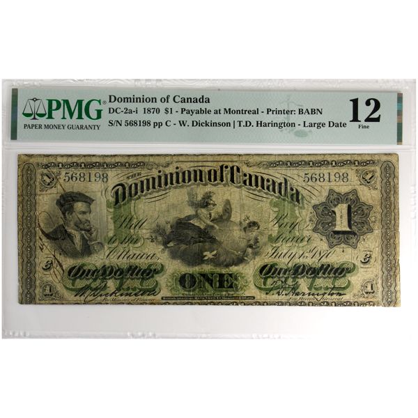 DC-2a-i 1870 $1 PMG F12 Dickinson-Harington, Large Date SN: 568198 pp C