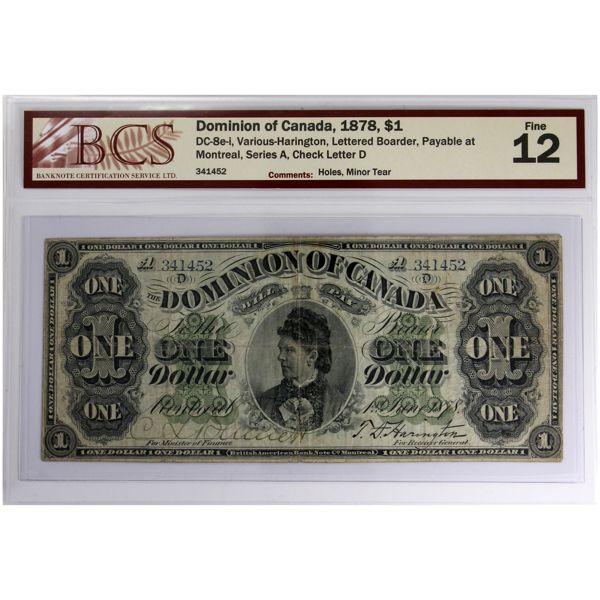 DC-8e-i 1878 $1 BCS F12 Various-Harington SN: 341452 Lettered Boarder, Series A, Check Letter D