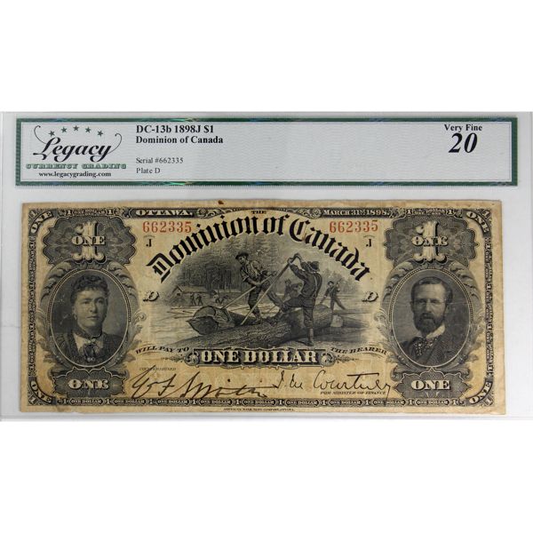 DC-13b 1898 $1 Legacy VF20, Series J, Courtney SN: 662335-D (pinholes) 