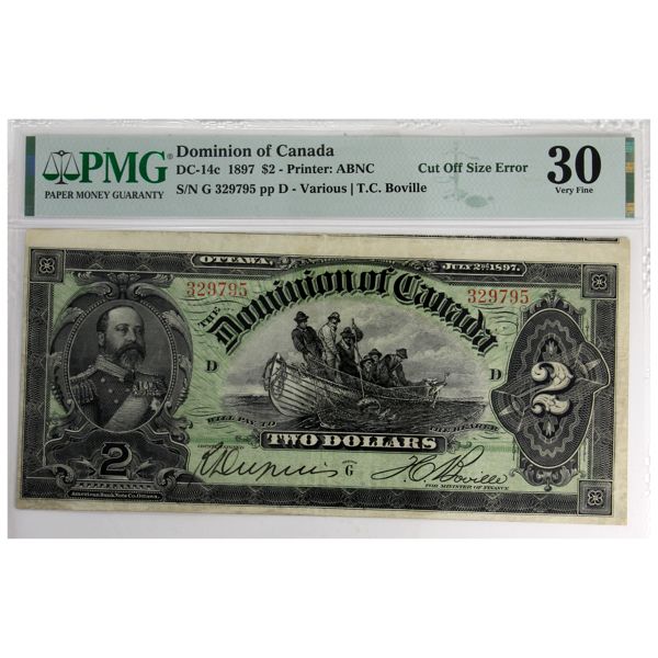 ERROR DC-14c 1897 $2 PMG VF30 Various-Boville "Cut Off Size" SN: G329795 pp D
