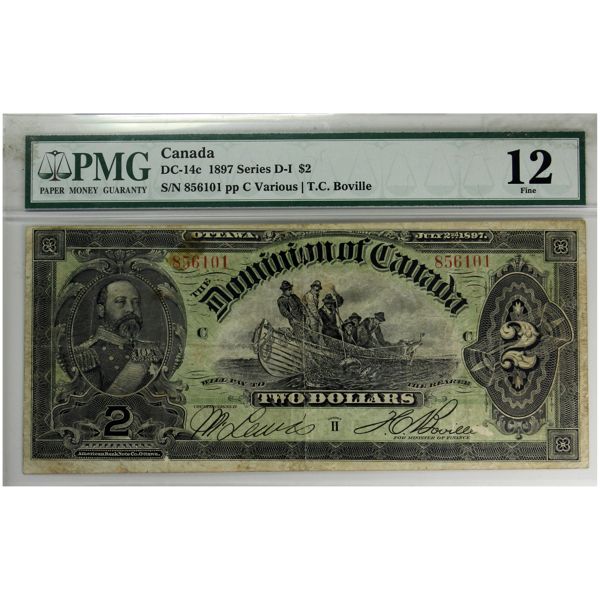 DC-14c 1897 $2 PMG F12 Various-Boville, Series D-I SN: 856101 pp C (Tears)