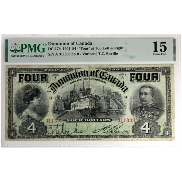 DC-17b 1902 $4 PMG F15 Four at Top Left & Right Various-Boville SN: 311339 pp B (Minor Rust)