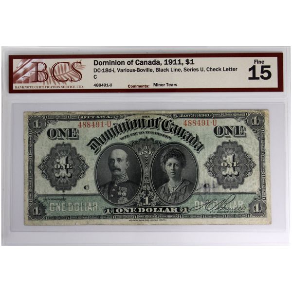 DC-18d-i 1911 $1 BCS F15 Various-Boville, Black Line, Series U SN: 488491-U Check Letter C