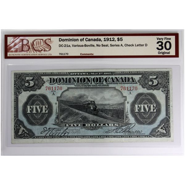 DC-21a 1912 $5 BCS VF30 Original Various-Boville, No Seal, Series A SN: 761170 Check Letter D