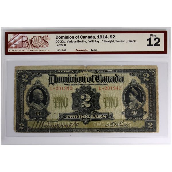DC-22b 1914 $2 BCS F12 Various-Bovile, "Will Pay", Straight, Series L SN: L-201942 Check Letter C