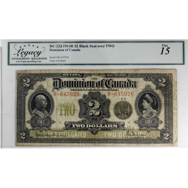 DC-22d 1914 $2 Legacy F15, Seal over 2, Series R, Various-Saunder SN: 645920-D