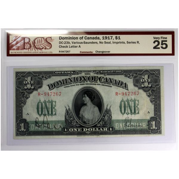 DC-23b 1917 $1 BCS VF25 Various-Saunders, No Seal, Imprints, Series R