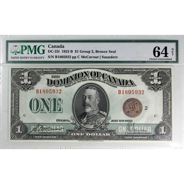 DC-25i 1923 $1 Bronze Seal PMG CUNC64, Group 2, Series B, McCavour-Saunders SN: 1805932-C