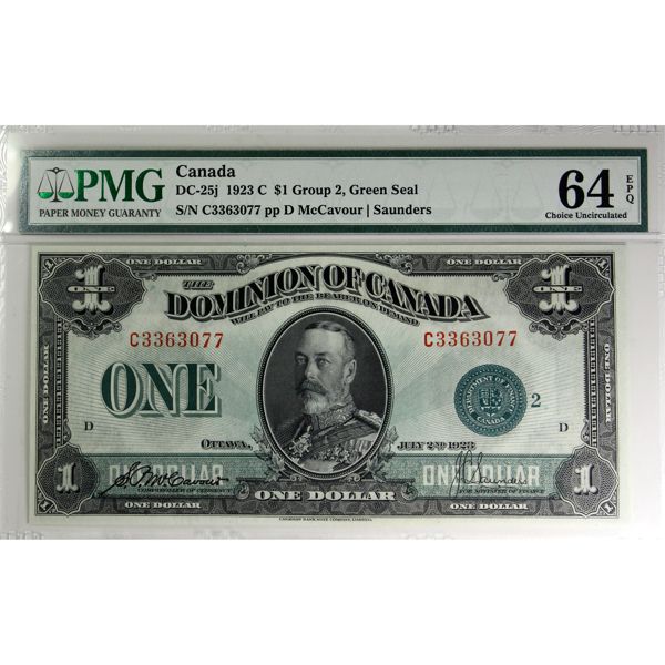 DC-25j 1923 $1 PMG CUNC64 EPQ! Green Seal, Group 2, McCavour-Saunders