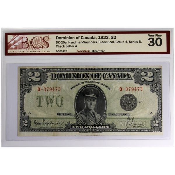 DC-26a 1923 $2 BCS VF30 Hyndman-Saunders, Black Seal, Group 1