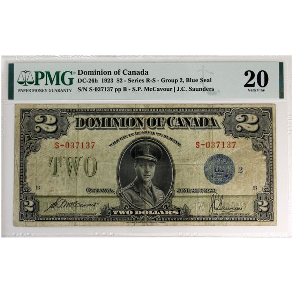 DC-26h 1923 $2 PMG VF20 McCavour-Saunders, Series R-S, Group 2, Blue Seal 