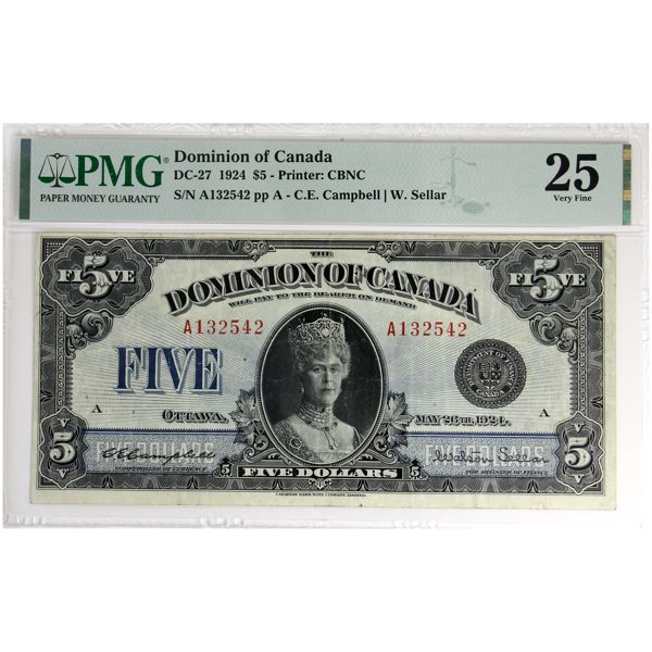 DC-27 1924 $5 PMG VF25 Campbell-Sellar SN: A132542 pp A. *Only 109 Notes Reported*