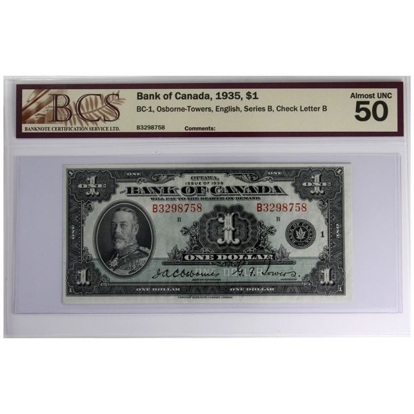 BC-1 1935 $1 English BCS AU50 Osborne-Towers SN: B3298758 Check Letter B