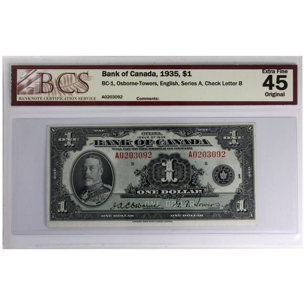 BC-1 1935 $1 English BCS EF45 Original Osborne-Towers SN: A0203092 Check Letter B