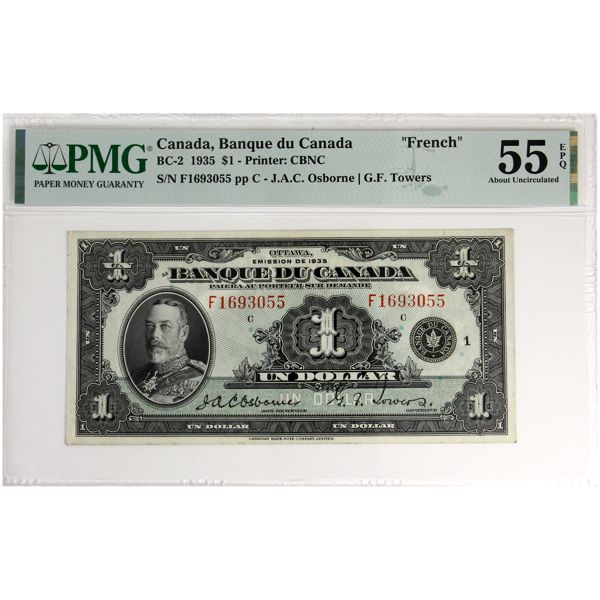 BC-2 1935 $1 French PMG AU55 EPQ Osborne-Towers SN: F1693055 pp C