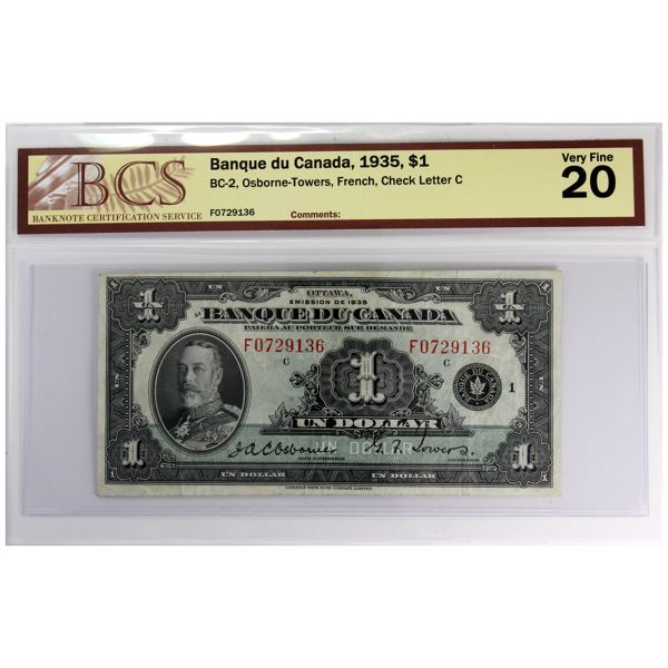 BC-2 1935 $1 French BCS VF20 Osborne-Towers SN: F0729136 Check Letter C