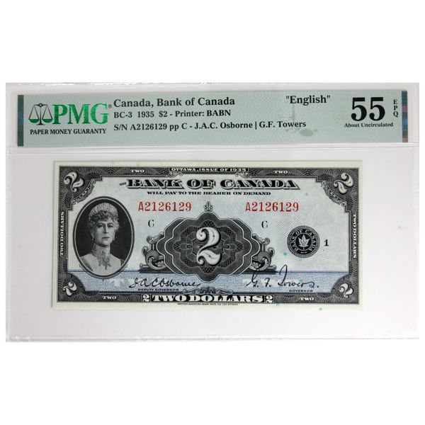 BC-3 1935 $2 English PMG AU55 PPQ Osborne-Towers SN: A2126129