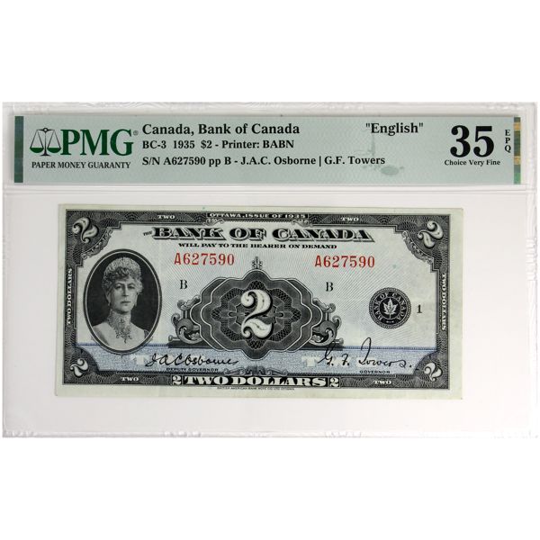 BC-3 1935 $2 English PMG VF35 EPQ Osborne-Towers SN: A627590 pp B