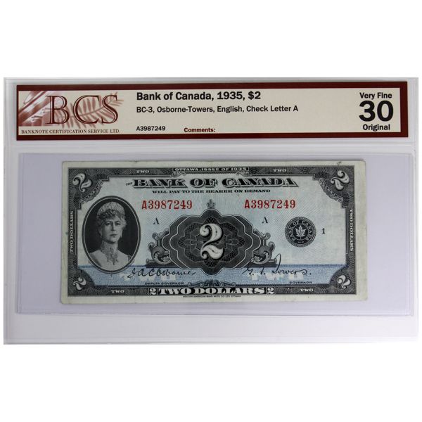 BC-3 1935 $2 English BCS VF30 Original Osborne-Towers SN: A3987249 Check Letter A