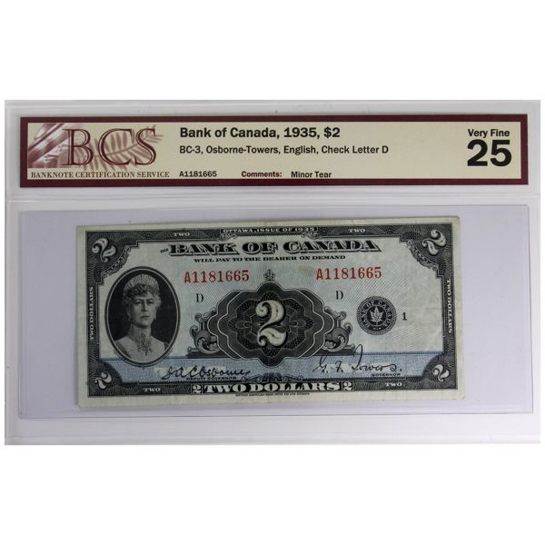 BC-3 1935 $2 English BCS VF25 Osborne-Towers SN: A1181665 Check Letter D (Minor Tear)