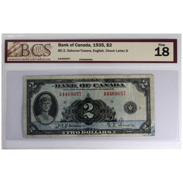 BC-3 1935 $2 English BCS F18 Osborne-Towers SN: A4469057 Check Letter D