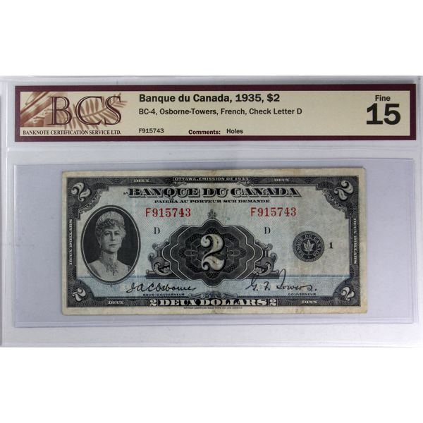 BC-4 1935 French $2 BCS F15 Osborne-Towers SN: F915743-D (holes) 