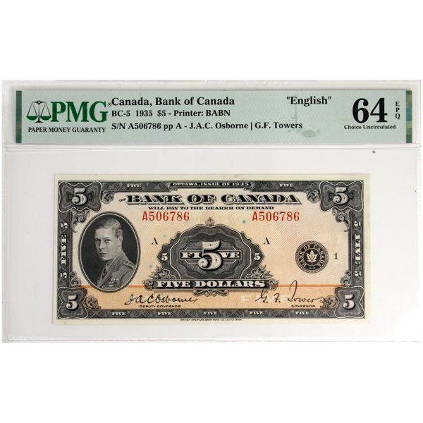 BC-5 1935 $5 English PMG CUNC64 EPQ Osborne-Towers SN: A506786 pp A