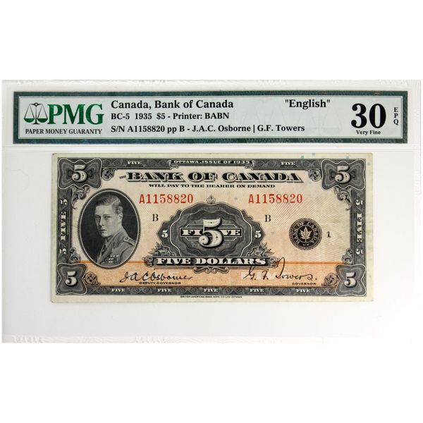 BC-5 1935 $5 English PMG VF30 EPQ Osborne- Towers SN: A1158820 pp B