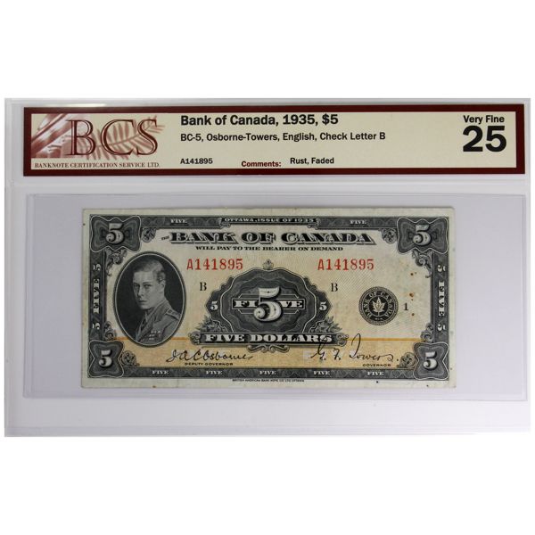 BC-5 1935 $5 English BCS VF25 Osborne-Towers SN: A141895 Check Letter B (Rust, Faded)