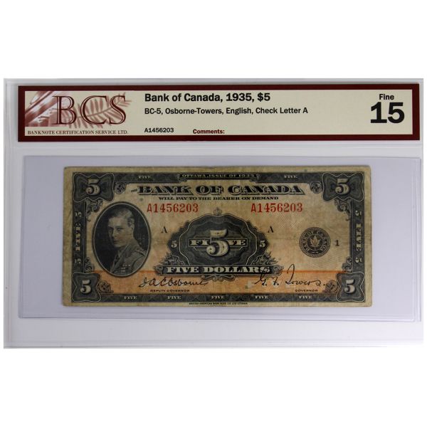 BC-5 1935 $5 English BCS F15 Osborne-Towers SN: A1456203 Check Letter A