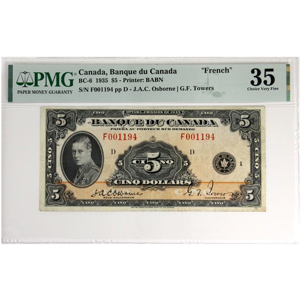 BC-6 1935 $5 French PMG VF35 Osborne-Towers SN: F001194 pp D