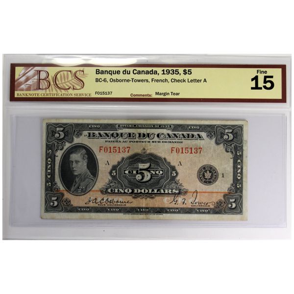 BC-6 1935 $5 French BCS F15 Osborne-Towers SN: F015137 Check Letter A (Margin Tear)