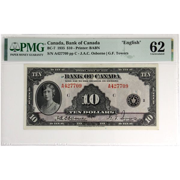 BC-7 1935 $10 English PMG UNC62 Osborne-Towers SN: A427709 pp C (Tear)