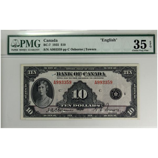 BC-7 1935 $10 English PMG VF35 EPQ Osborne-Towers SN:A993359 pp C